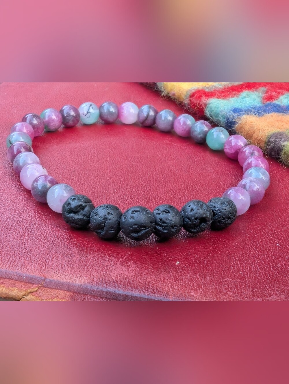 Watermelon Stone Bead and Black Lava Stone DIFFUSER Bracelet
